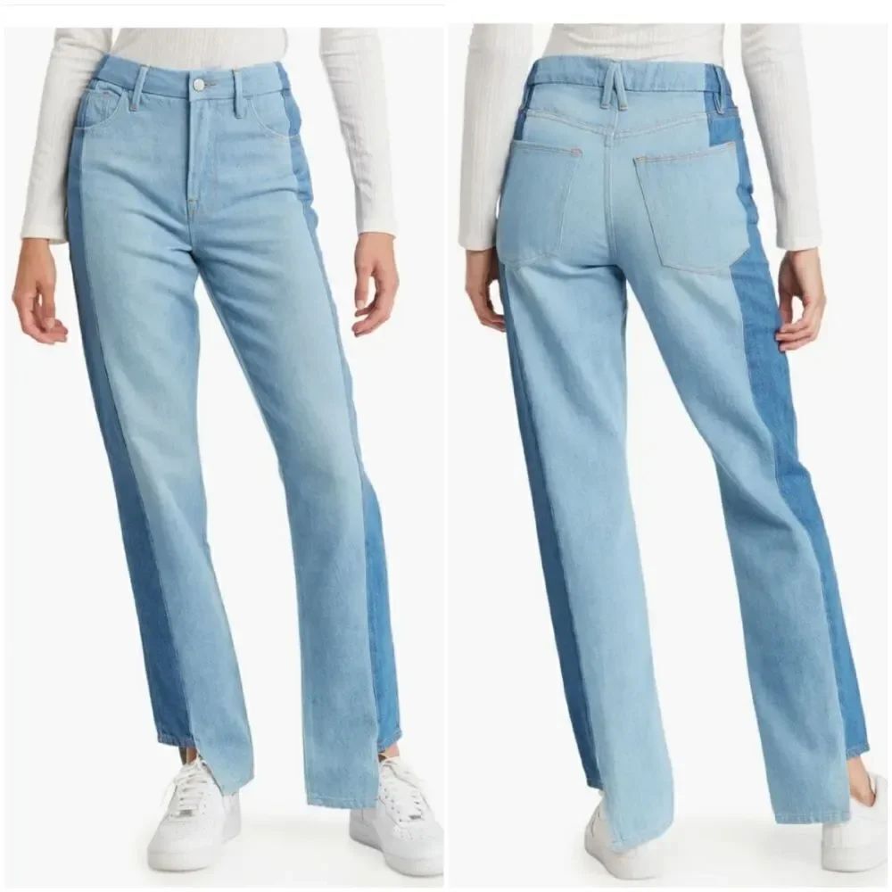 Good American Good Boy Two-Tone Step Hem High Waist Boyfriend Jeans sz 27x33 =4